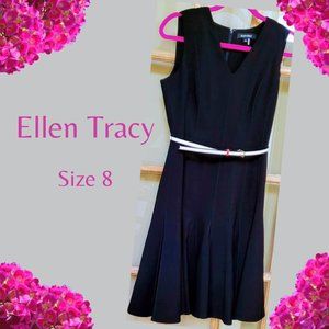 Ellen Tracey Black A-Line V-Neck Sleeveless SZ 8 Dress with Raised Detail Belted